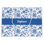 Blauw Witte Vintage Bloemige Monogram Naam Groot Cadeauzakje (Voorkant)