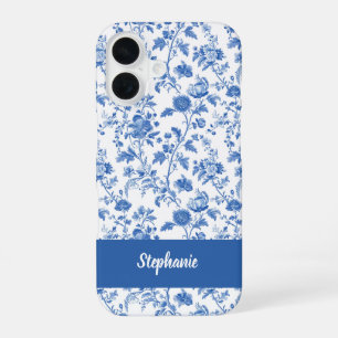 Blauw Witte Vintage Bloemige Monogram Naam iPhone 16 Hoesje