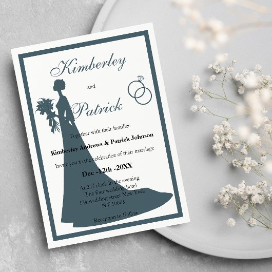 Blauw-witte vintage bruid Silhouet Bruiloft Kaart