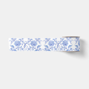 Blauw-witte vintage chinoiserie bloempatroon satijnen lint