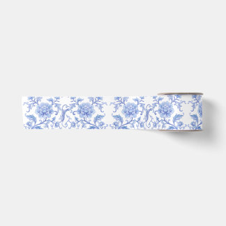 Blauw-witte vintage chinoiserie bloempatroon satijnen lint