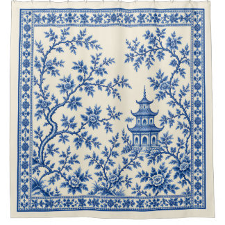 Blauw-witte vintage chinoiserie pagode bloemmotief douchegordijn