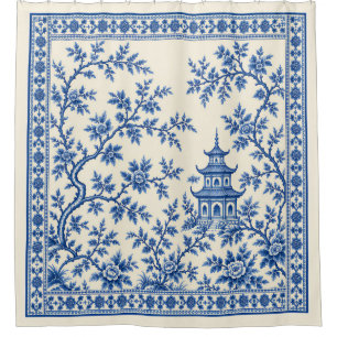 Blauw-witte vintage chinoiserie pagode bloemmotief douchegordijn