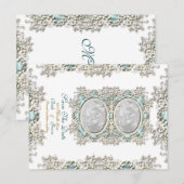 Blauw witte vintage filigree foto aankondigingskaart (Voorkant / Achterkant)