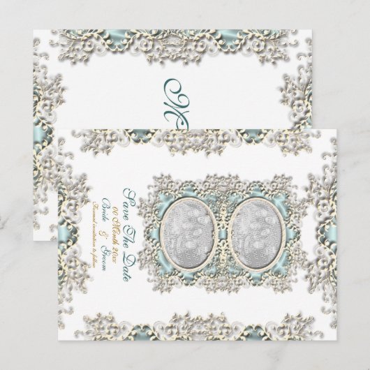 Blauw witte vintage filigree foto aankondigingskaart (Voorkant / Achterkant)