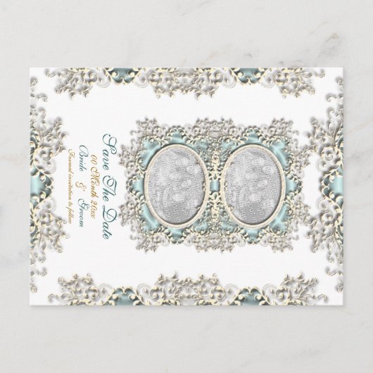Blauw witte vintage filigree foto aankondigingskaart (Voorkant)