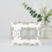 Blauw witte vintage filigree foto aankondigingskaart (Staand voorkant)