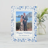 Blauw-witte vintage kerstkaart met bloemen (Staand voorkant)