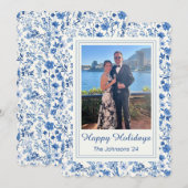 Blauw-witte vintage kerstkaart met bloemen (Voorkant / Achterkant)