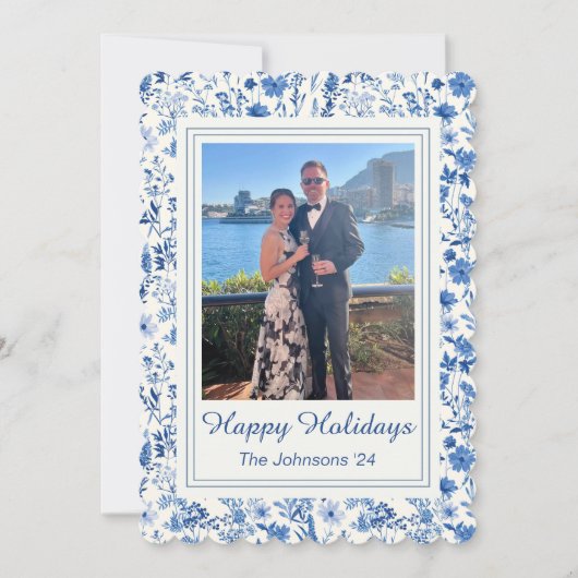 Blauw-witte vintage kerstkaart met bloemen (Voorkant)