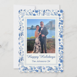 Blauw-witte vintage kerstkaart met bloemen