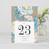 Blauw Witte Vintage Kraft Roze Huwelijk Tafelnumme Kaart (Staand voorkant)