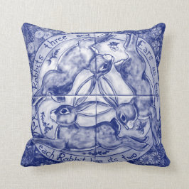 Blauw-Witte Vintage Ren Lopende Haas Konijn Trio F Kussen
