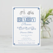 Blauw-witte vintage-speelgoed baby shower-feest in kaart (Staand voorkant)