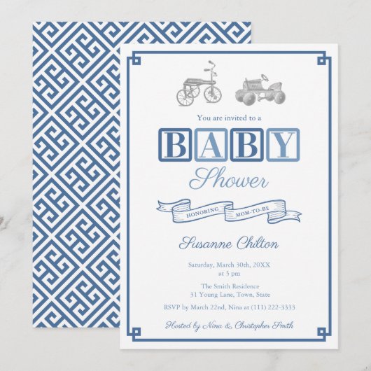 Blauw-witte vintage-speelgoed baby shower-feest in kaart (Voorkant / Achterkant)