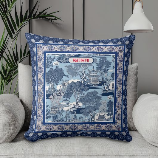 Blauw Witte Vintage Toile Chinoiserie Monogram Kussen