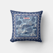 Blauw Witte Vintage Toile Chinoiserie Monogram Kussen (Voorkant)