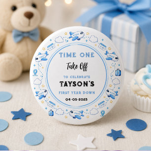 Blauw Witte Vliegtuig 1e Verjaardag Tijd Eén Start Ronde Button 3,2 Cm