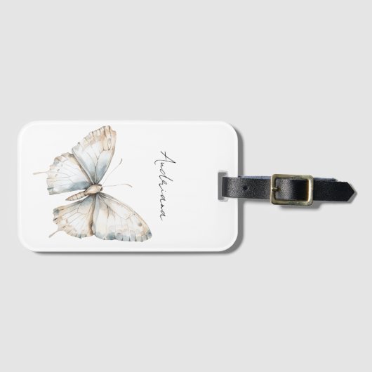  Blauw Witte Vlinder Bloemen Bagagelabel (Voorkant (horizontaal))