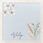  Blauw Witte Vlinder Bloemen Glazen Onderzetter (Voorkant)