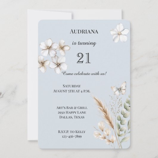  Blauw Witte Vlinder Bloemen Verjaardag Kaart (Voorkant)