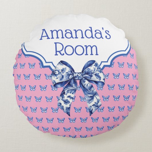 Blauw Witte Vlinderboog Gepersonaliseerd Rond Kussen (Voorkant)