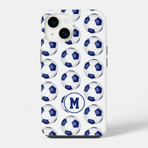 blauw witte voetbalpatroon met monogram iPhone 14 hoesje