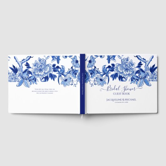 Blauw Witte Vogels Bloemige en Blad Bruidsdouche Gastenboek (Volledig)