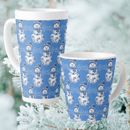Blauw witte vrolijke sneeuwman latte mok
