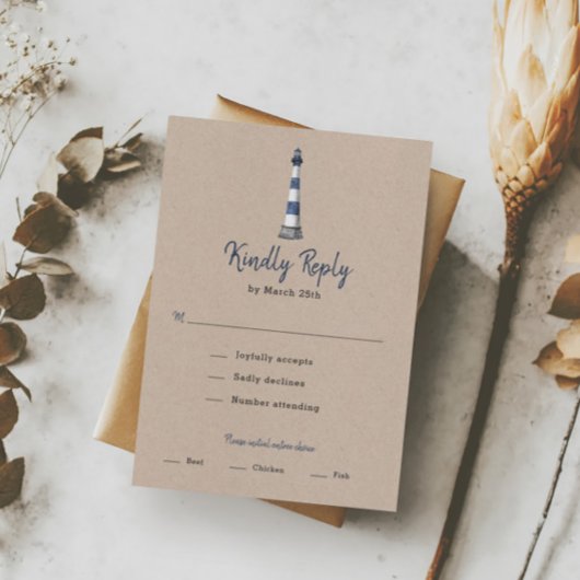 Blauw Witte Vuurtoren Trouwmaaltijd Keuze RSVP Kaartje