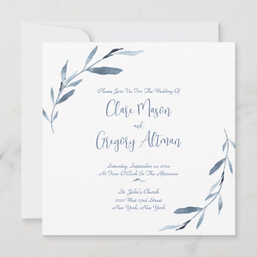 Blauw-witte Waterverf bladeren bruiloft Kaart (Voorkant)