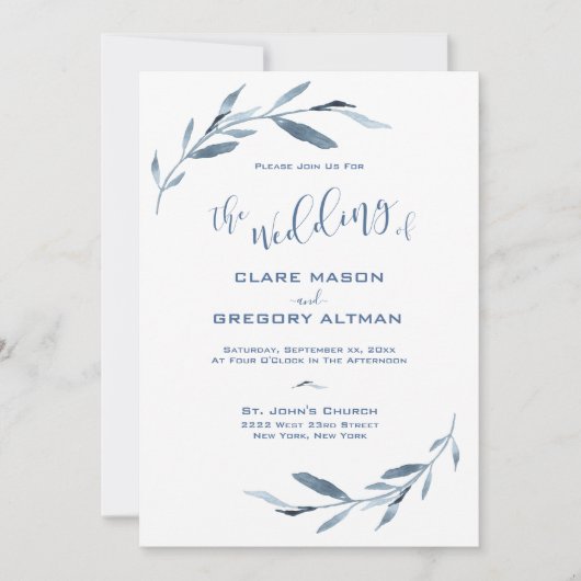 Blauw-witte Waterverf bladeren bruiloft Kaart (Voorkant)