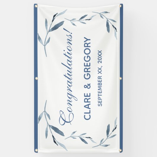 Blauw-witte Waterverf bladeren bruiloft Spandoek (Verticaal)