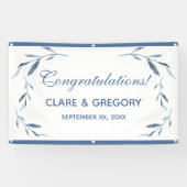 Blauw-witte Waterverf bladeren bruiloft Spandoek (Horizontaal)