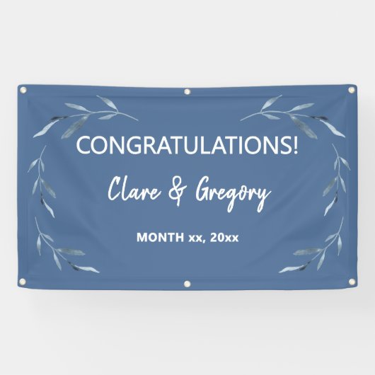 Blauw-witte Waterverf bladeren bruiloft Spandoek (Horizontaal)