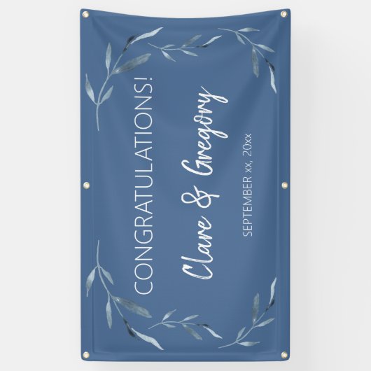 Blauw-witte Waterverf bladeren bruiloft Spandoek (Verticaal)