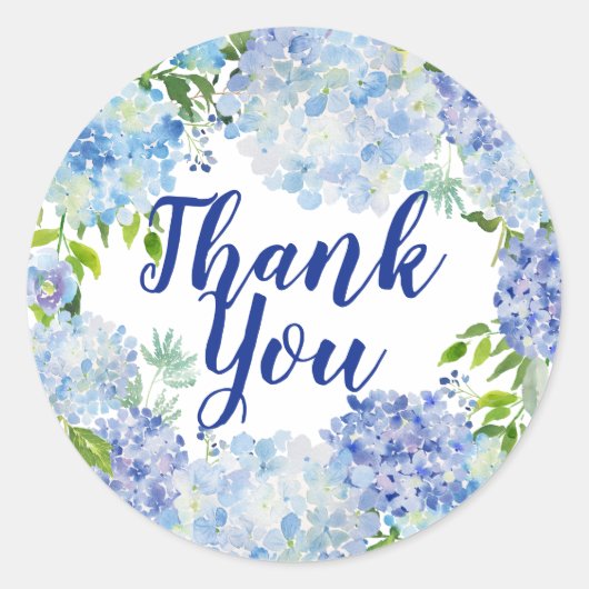Blauw-witte Waterverf Bloemen Dank u Ronde Sticker (Voorkant)