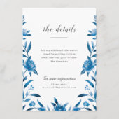 Blauw-witte waterverf bloemenbruiloft details informatiekaartje (Voorkant)