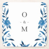 Blauw-witte waterverf bloemenbruiloft monogram kartonnen onderzetters (Voorkant)
