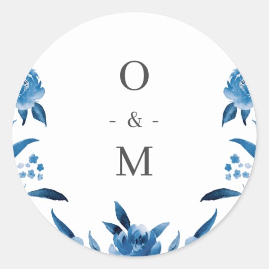 Blauw-witte waterverf bloemenbruiloft monogram ronde sticker (Voorkant)