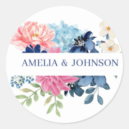 Blauw-witte waterverf bloemenbruiloft ronde sticker