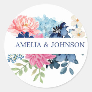 Blauw-witte waterverf bloemenbruiloft ronde sticker