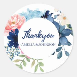 Blauw-witte waterverf bloemenbruiloft ronde sticker