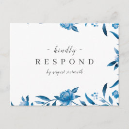 Blauw-witte waterverf bloemenbruiloft RSVP Uitnodiging Briefkaart