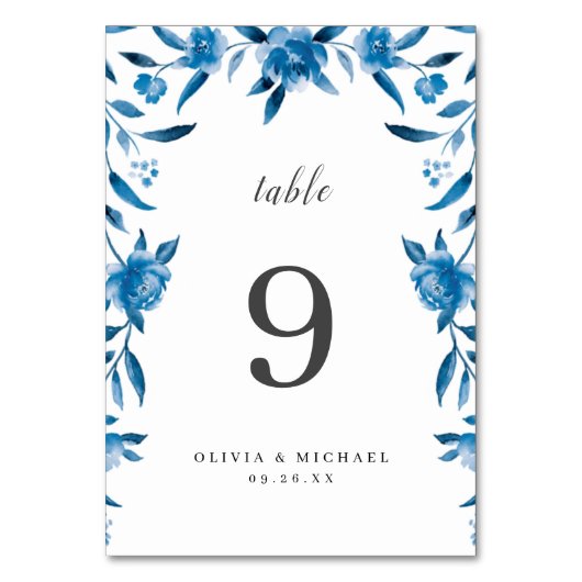 Blauw & witte waterverf bloemenbruiloft tafel kaar kaart (Achterkant)