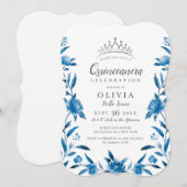 Blauw-witte waterverf bloemenquinceanera kaart (Voorkant / Achterkant)