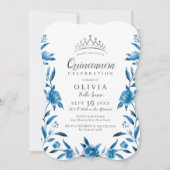 Blauw-witte waterverf bloemenquinceanera kaart (Voorkant)