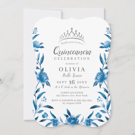 Blauw-witte waterverf bloemenquinceanera kaart (Voorkant)
