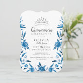 Blauw-witte waterverf bloemenquinceanera kaart (Staand voorkant)