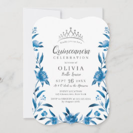 Blauw-witte waterverf bloemenquinceanera kaart